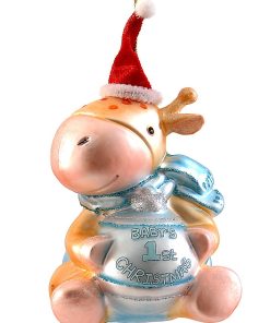 ΚΡΕΜΑΣΤΟ ΓΥΑΛΙΝΟ ΣΤΟΛΙΔΙ ΣΙΕΛ ΕΛΑΦΑΚΙ ΜΕ ΚΟΚΚΙΝΟ ΣΚΟΥΦΑΚΙ "BABY'S 1st CHRISTMAS"